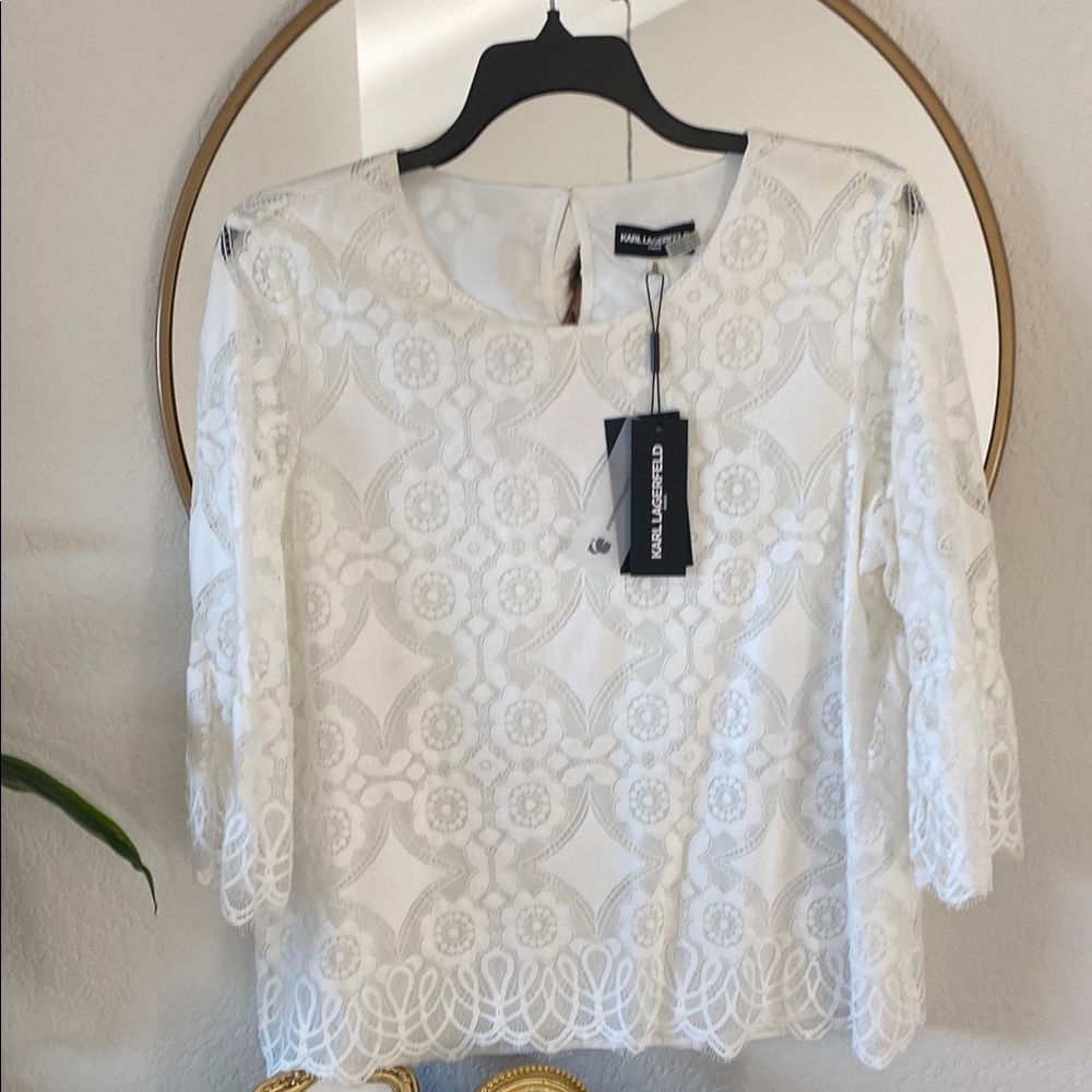 NWT Karl Lagerfeld White Lace Dressy 3/4 Sleeve Blouse